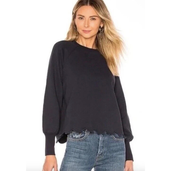 Frame Sweatshirt Small Black Scalloped Hem Puff Bishop Sleeve Pullover - Picture 6 of 7